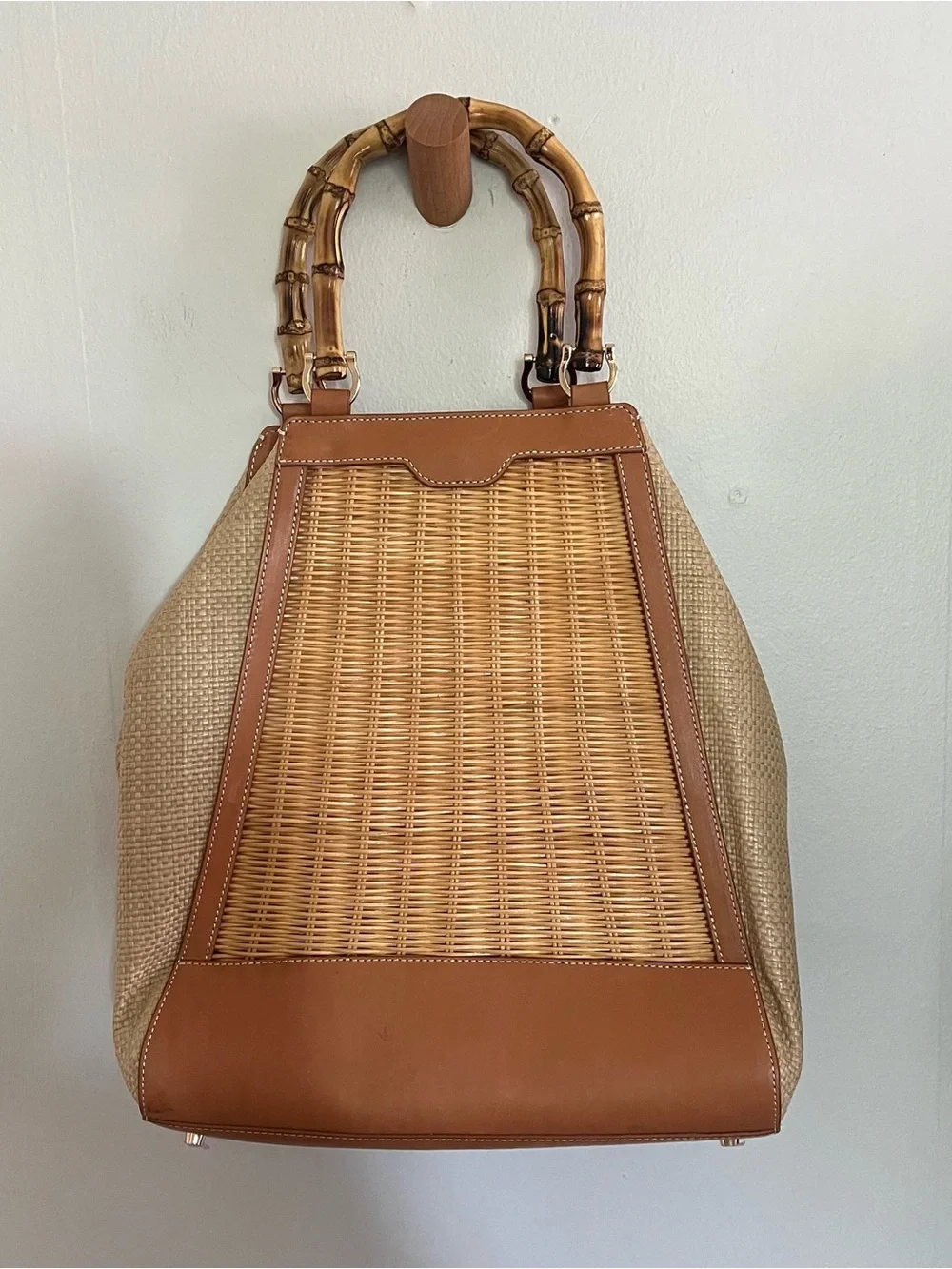 J. McLaughlin “Meeka” Bamboo, Wicker & Leather Tote Handbag Nantucket Style Bag - Picture 2 of 10